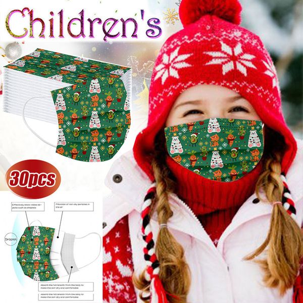 

three-layer new children's masks disposable protective 10-100pcs christmas facemasks ear hook christma tree print mask mascarillad