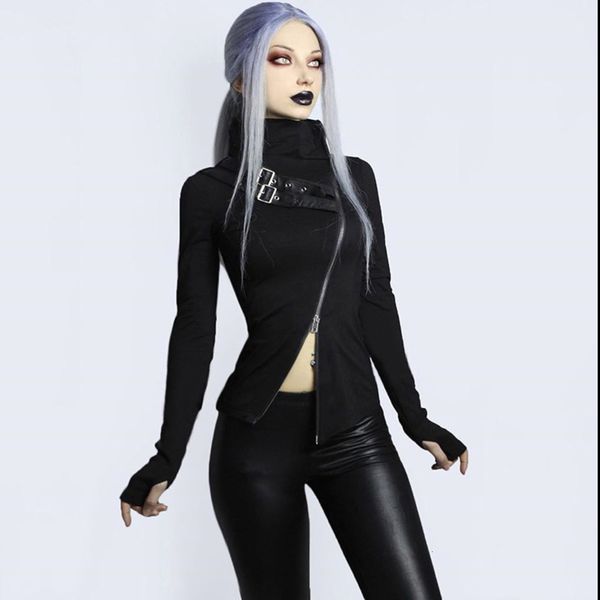 

trend sleeve 22189 long dark street t-shirt women 2020 mechanical punk double zipper high collar top, Black;gray