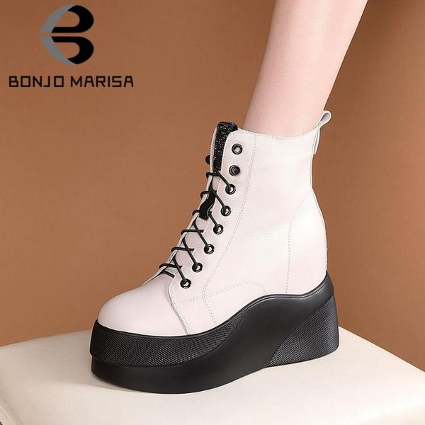

bonjomarisa platform height increase high heels shoelaces cow skin ankle boots genuine leather stylish winter shoes boots women, Black