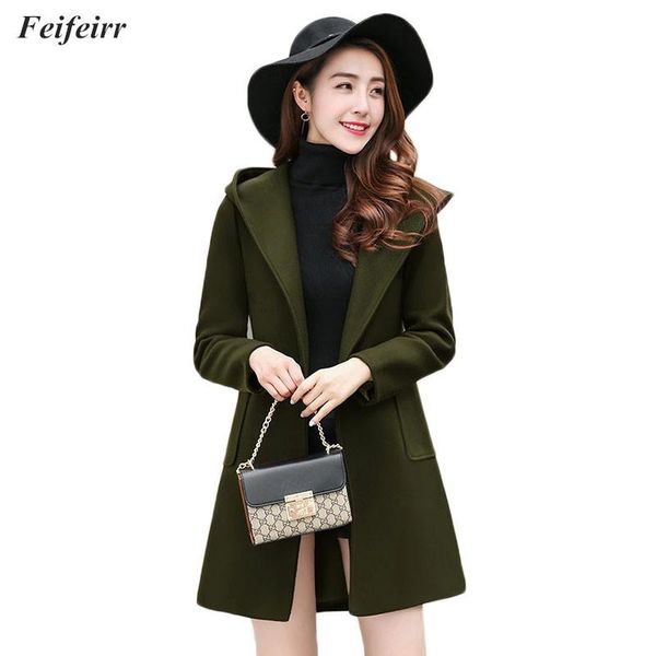 

women's wool & blends autumn andwinter 2021 korean long section loose hooded coat temperament fashion elegant with belt coats, Black