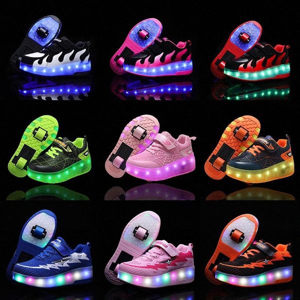 

two wheels luminous sneakers green pink led light roller skate shoes for children kids led shoes boys girls light up 28-42 #ag2h