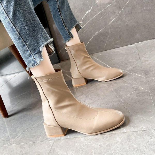 

woman flat boots booties ladies shoes round toe zipper boots-women low autumn rubber leather 2020 rock mid-calf mid calf1, Black