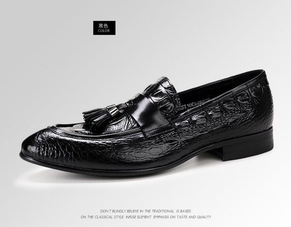 

classic print mens loafer genuine leather crocodile pattern tassel formal wedding party banquet slip on dress shoes male flats, Black