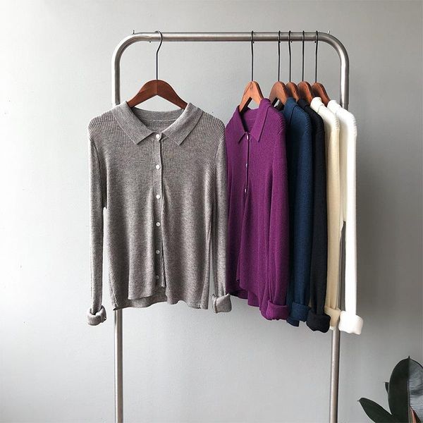 

polos collar knitwear women 2021 autumn new korean slim solid color long sleeve knitted cardigan for women, White;black