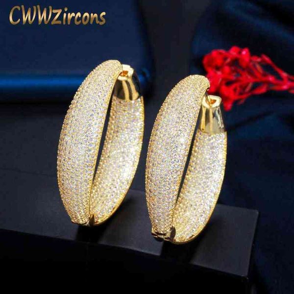 

cwwzircons super luxury micro pave cubic zirconia stone round big gold hoop earring for women fashion dubai bridal jewelry cz793 220108, Golden;silver