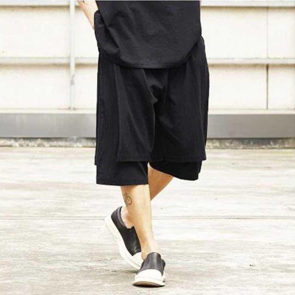 

men streetwear hip hop punk gothic loose casual cotton linen pants male double-layer splice kimono pant summer skirt trousers1, Black