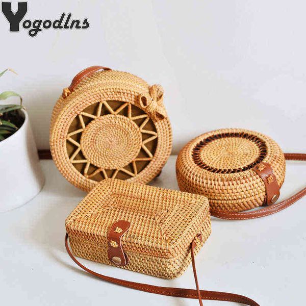 

shopping bags handmade round shoulder bag bali circle straw women summer hand-woven rattan handbags girls messenger ins popular220307