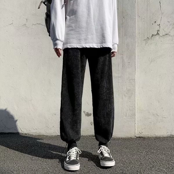 

2021 corduroy men's fall and winter casual korean fashion ankle-tied in a straight line loose leg long leisure pants bgrm, Black