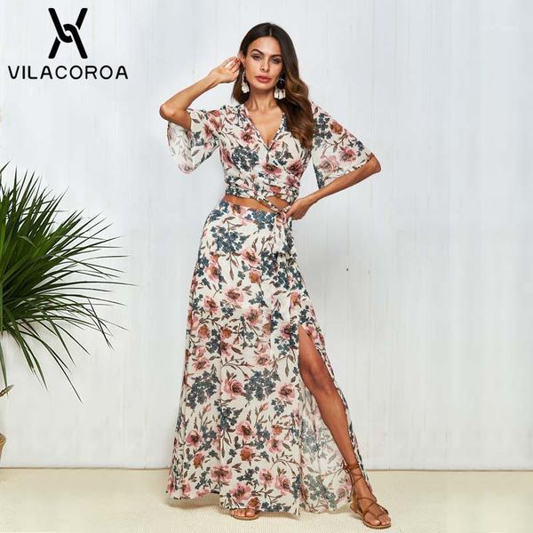 

summer boho women dress print v-neck short sleeve crop + high waist long split skirt dress set plus size women set vestidos1, White