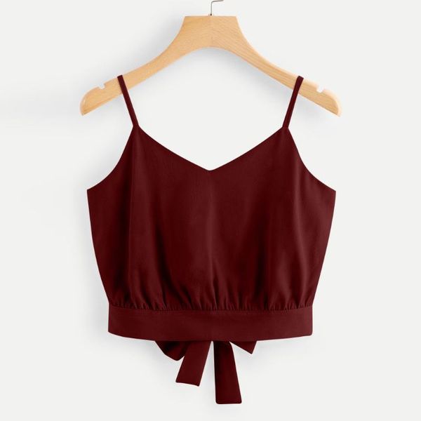 

tank women's bow tie back v neck button solid summer crop cami feminino camisole vest, White