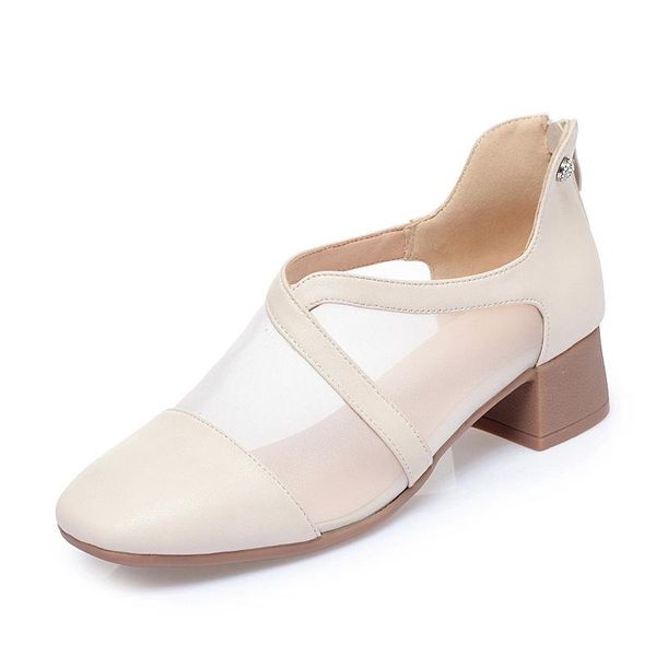 

new summer square head mesh high heel sandals women genuine leather sandals non-slip wear fashion casual large size 43, Black