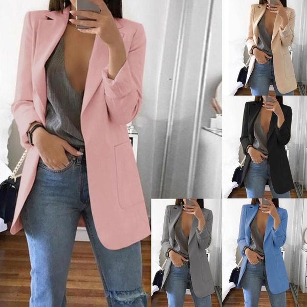 

autumn coats fashion elegant women solid color open front pockets jacket coat long office long sleeve work suit plus size, Black;brown