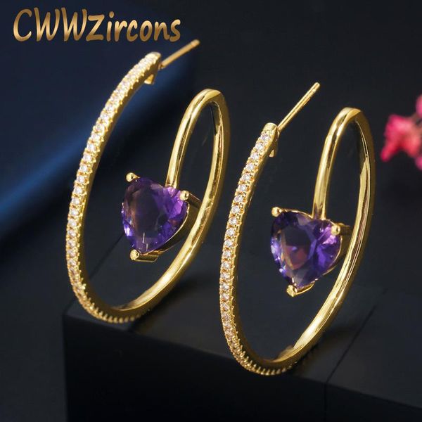 

cwwzircons aesthetic love heart purple cubic zirconia crystal gold color loop hoop earrings women fashion korean jewelry cz754, Golden;silver