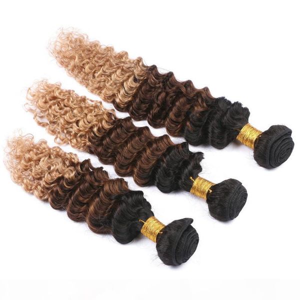 

deep wave #1b 4 27 honey blonde ombre indian virgin human hair bundles 3pcs black brown and blonde 3tone ombre hair weave extensions