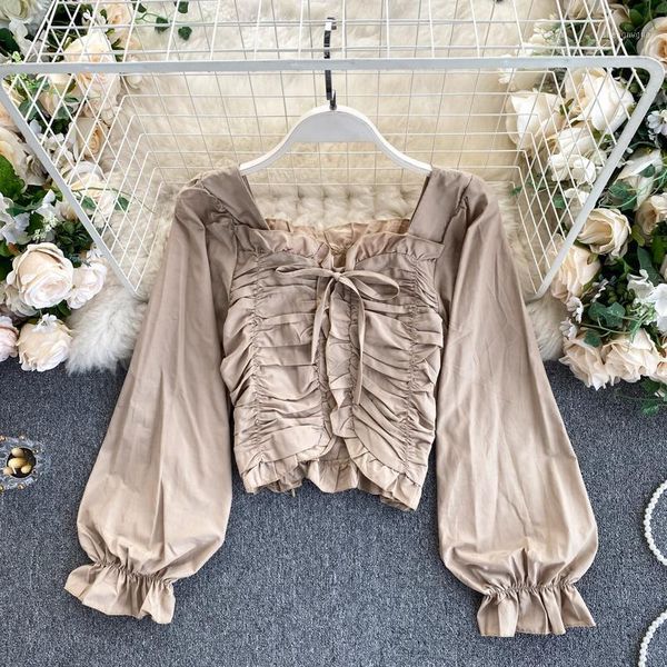 

korean square collar long sleeve pleated lace up short women high waisted slim court shirt fashion solid color blouse p7061, White