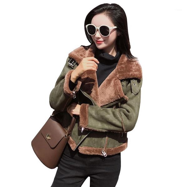 

2018 winter new shearling sheepskin faux leather jacket women korean long sleeve thick lambs wool suede motorcycle cropped coat1, Black
