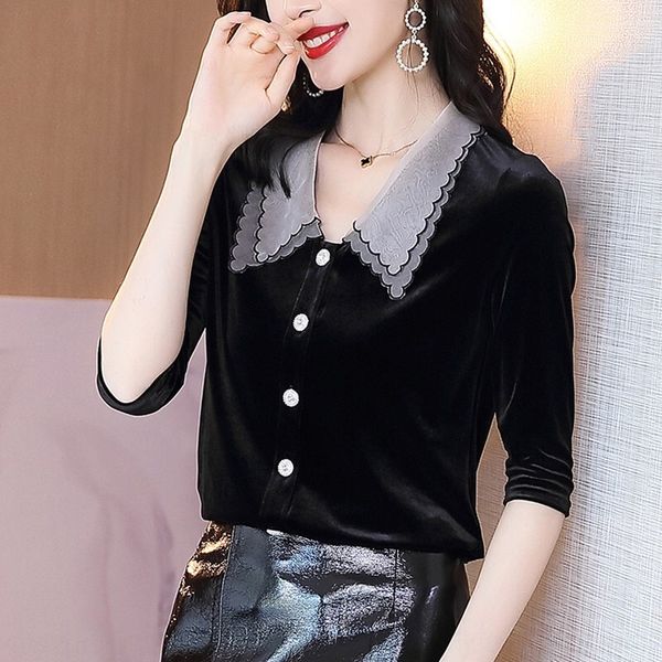 

velvet women autumn 2020 new embroidered baby collar western style small design sense black shirt doll shirt thin bfwnw, White