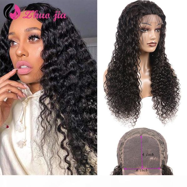 

zhuo jia deep curly lace front human hair wigs pre plucked 8-28 inch 4x4 brazilian remy hair wavy lace frontal wigs for women, Black