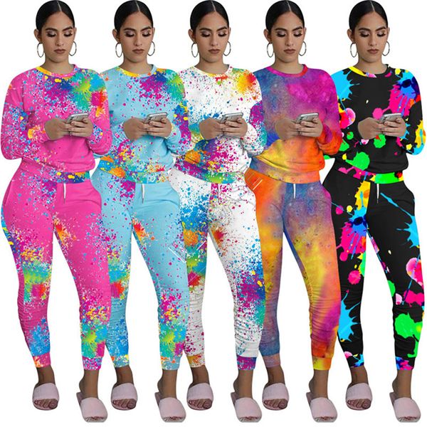 

graffiti printing women tracksuit long sleeve t shirt pants leggings splash ink two pieces outfits designers tie dye clothing sets d92304, White