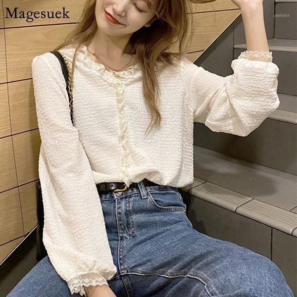 

pleated elegant white blouse women 2020 new vintage ladies mujer v neck looae lace ruffles long sleeve shirt women 122881