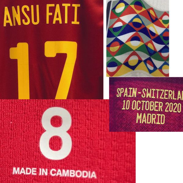 

2020 матч изношенный игрок выдайте ramos ansu fati с деталями матча футбольный патч значок дома текстиль