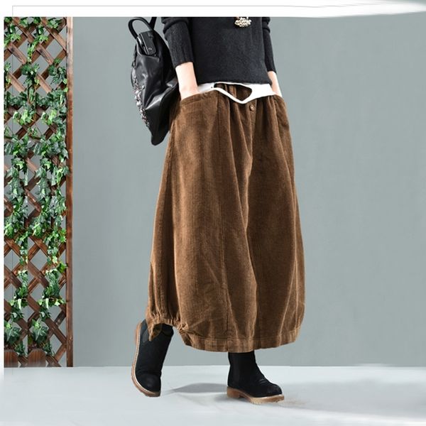 

women solid color elastic waist loose corduroy retro skirt ladies vintage autumn winter skirts pockets female skirts y200326, Black