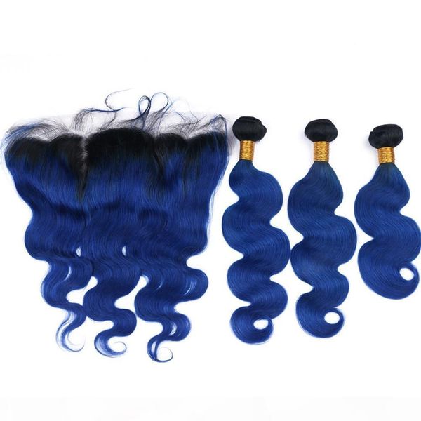 

brazilian ombre dark blue human hair weaves with lace frontal closure 13x4 body wave #1b blue ombre virgin hair bundles with frontal, Black;brown