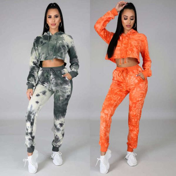 

tie dye hooded sportswear suit hx8573 long sleeve loose two piece sweater set, Gray