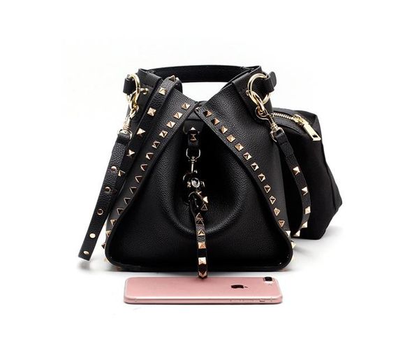 

camelia шипованных подлинной натуральной кожи bucket bag мода заклепка top сумка ручки