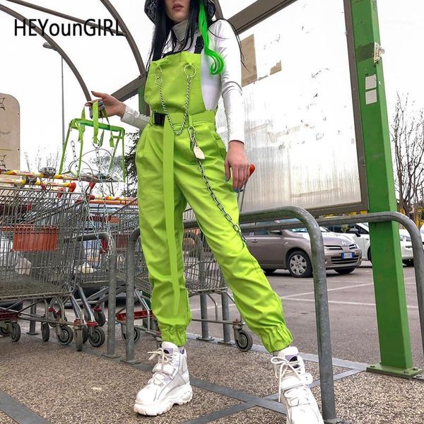 

heyoungirl harajuku korean womens overalls pants neon green cotton pants capri high waist trousers with chain pocket streetwear1, Black;white
