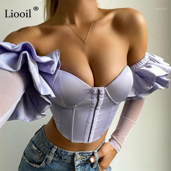 

liooil off the shoulder tight short women ruffle blouse 2021 long sleeve patchwork strapless womens and blouses1, White