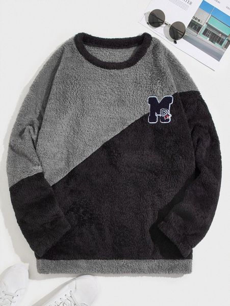 

men two tone patched teddy pajama h0am#, Black;brown