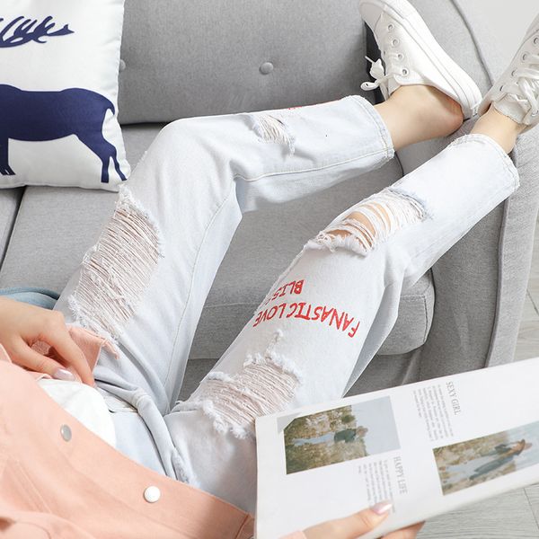 

yi ran a131 street style jeans women's hole capris washed light blue embroidery pants