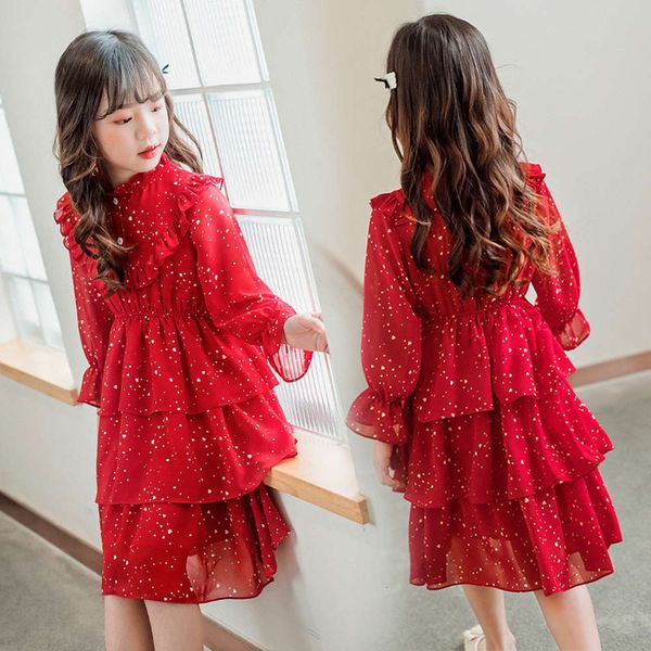 

2020 girls' drs spring new net red chiffon skirt for children, Red;yellow