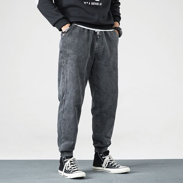 

2021 new japanese vintage fashion loose fit black gray spliced designer harem streetwear hip hop jeans men joggers pants 693z, Blue