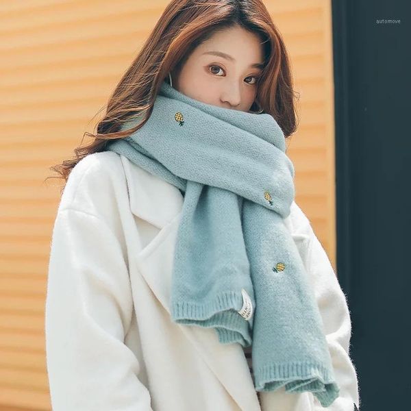 

2020 new scarf female winter korean wave embroidery pineapple long thick warm knitted wool shawl dual-use collar1, Blue;gray