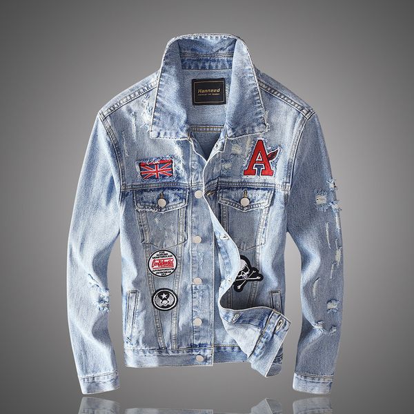 

2021 new streetwear fashion high-quality men's jacket blue light patches torn designer denim hip jackets hombre chaqueta ry69, Black;brown