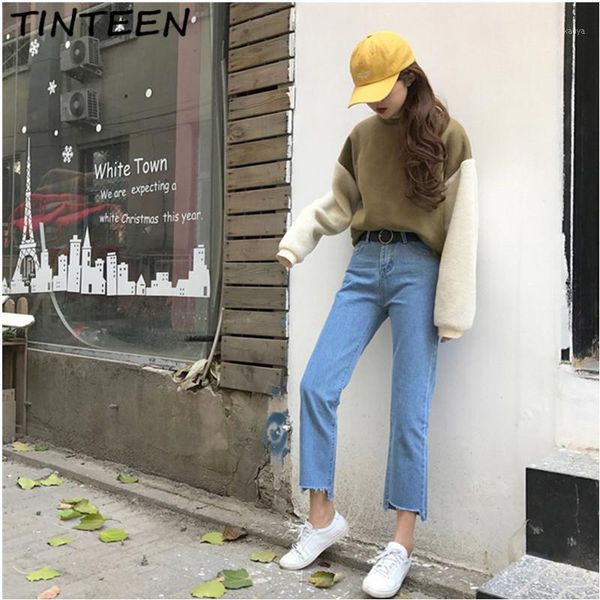 

tinteen 2018 straight jeans student female korean version loose wild high waist was thin nine pant ladies jeans hxh2321, Blue