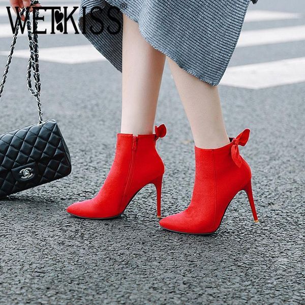 

wetkiss red butterfly knot ankle boots pointed toe stiletto heel high shoes fashion simple female bootie zip non slip shoes1, Black