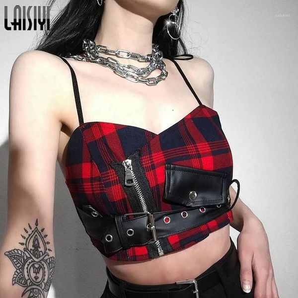 

laisiyi straps tank women gothic red plaid streetwear sashes belt zipper punk girl summer casual chic crop camis1, White