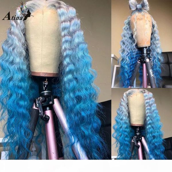 

ombre colored blue loose deep part wave human hair wig preplucked hd transparent glueless remy lace wigs for black women closure, Black;brown