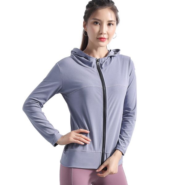 

2019 autumn and winter new yoga sports jacket ladies stretch zipper running fitness hooded jacket long sleeve top, Gray;blue