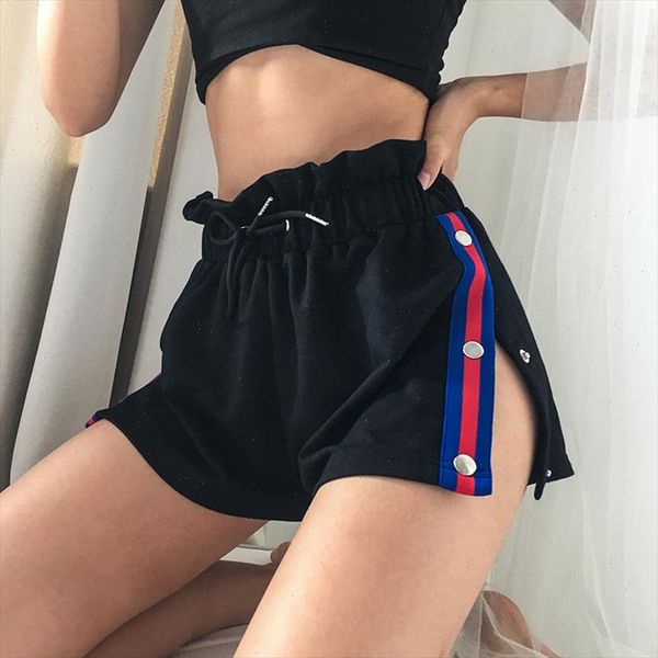 

side button womens fashion split shorts summer black patchwork high waist shorts streetwear striped bottom sell 2021, White;black