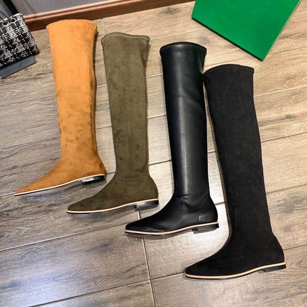

boots elastic thigh high women's winter round toe flat heel long suede leather fashion shoes women, Black