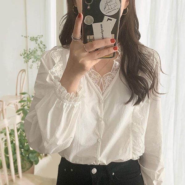 

womens white v neck long sleeve shirt lace stitching white blouse sweet petal sleeves solid color