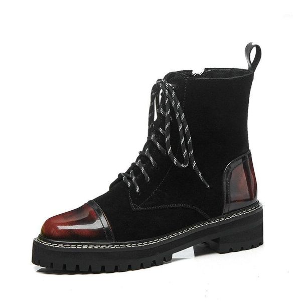 

boots patchwork genuine leather women est ankle comfortable thick heels platform night club shoes woman winter short boots1, Black