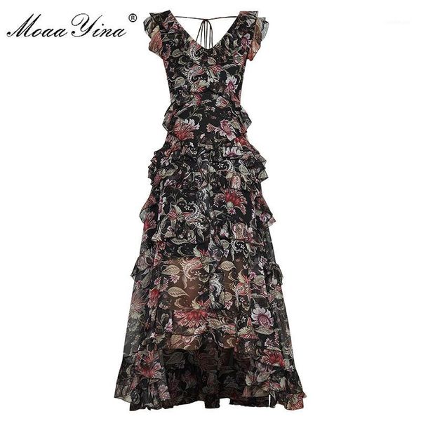 

moaayina fashion designer dress summer women's dress v-neck ruffles asymmetrical print dresses1, Black;gray