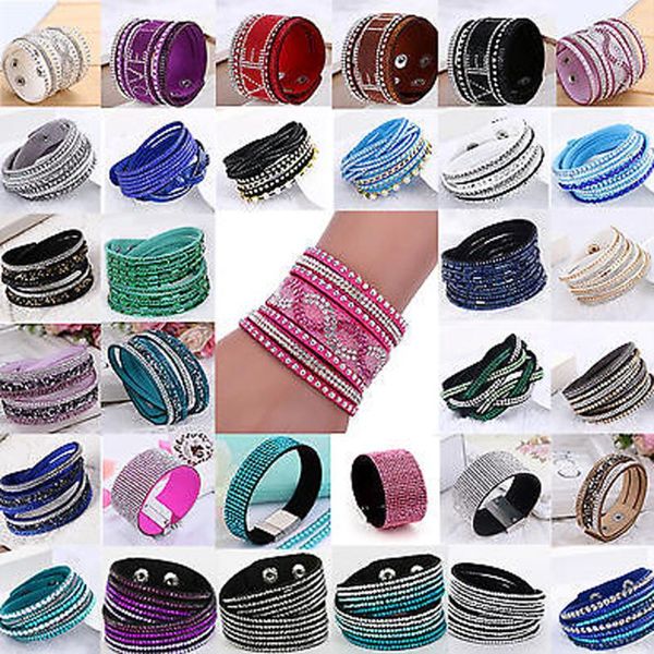 

charm bracelets 1pc multilayer leather bracelet female 15 colors trendy rhinestone crystal wrap & bangles for women jewelrys, Golden;silver