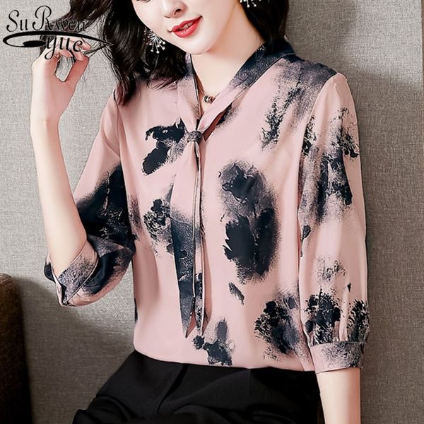 

women blusas mujer de moda summer female fashion short sleeve printed office lady blouse korean silk shirt 9571 y200828, White