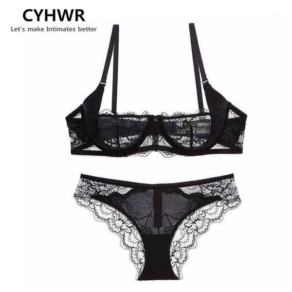 

chywr new arrive women underwear slim lace half cup unlined white transparent comfort girl underwear bra set1, Red;black